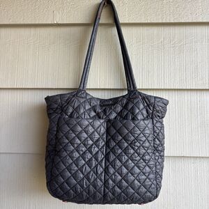 MZ WALLACE Metro Tote Quilted Nylon Leather Trims Travel Shoulder Bag Black